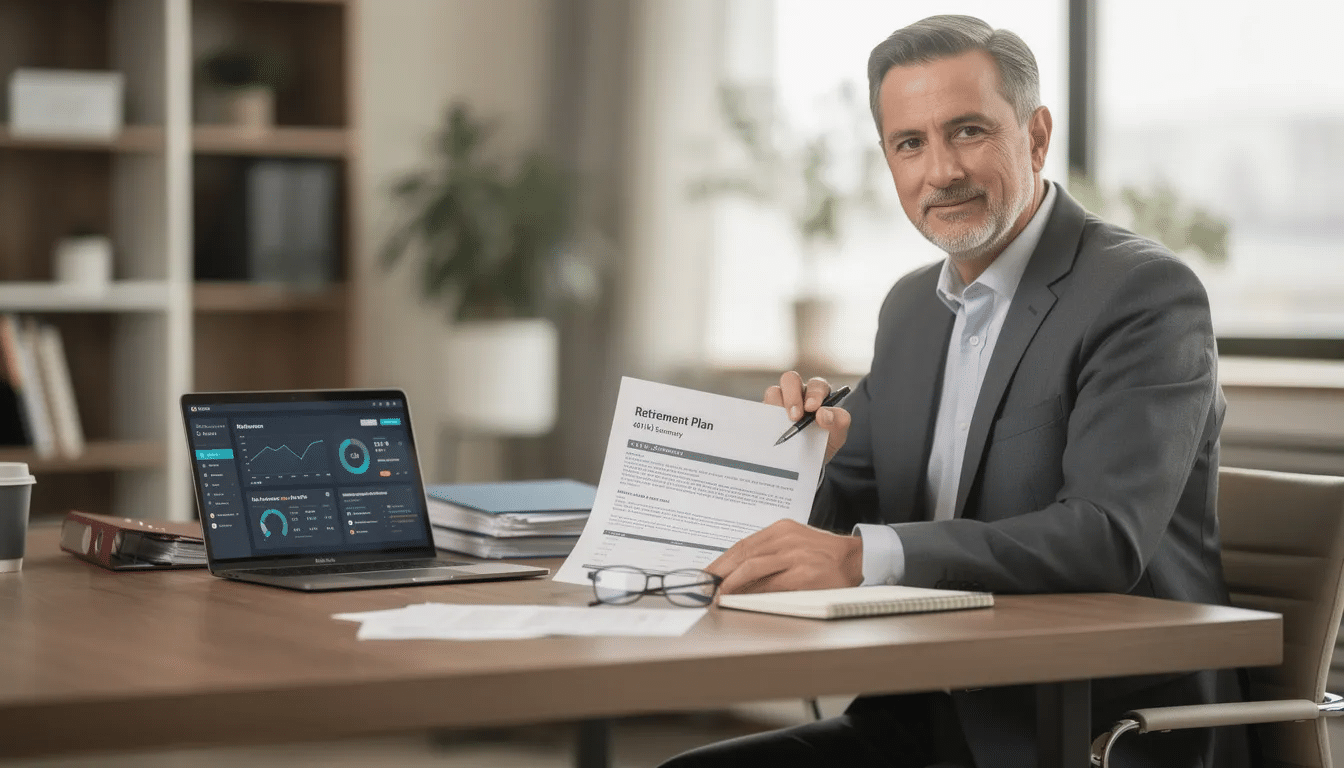 A professional is seated at a desk, meticulously reviewing retirement documents, which may include details about gold IRA accounts and precious metals investments. The scene suggests a focus on financial planning for retirement savings, potentially involving the best gold IRA companies and options for holding physical gold.
